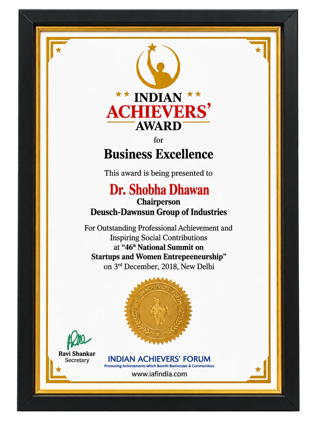Framed Indian Achievers Award Certificate